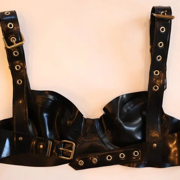 Latex Bra with Heavy Gold Hardware + Zip Buckle Design, 32B - Black - Custommade - Picture 2 of 6